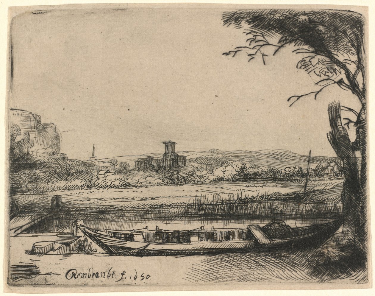 Canal con un barco grande y un puente de Rembrandt van Rijn