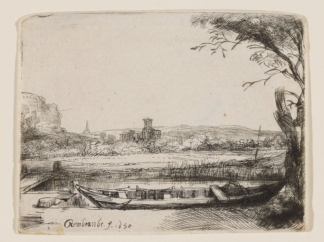 Canal con un barco grande y un puente de Rembrandt van Rijn