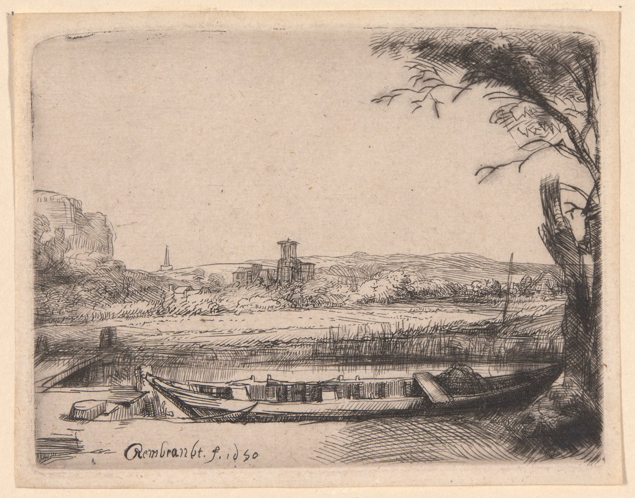 Canal con un Gran Barco y un Puente de Rembrandt van Rijn