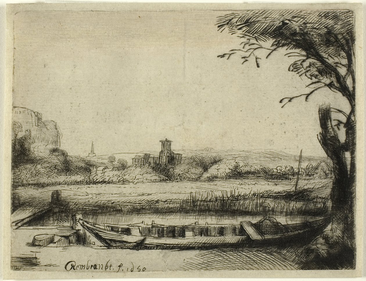 Canal con un gran barco y un puente de Rembrandt van Rijn
