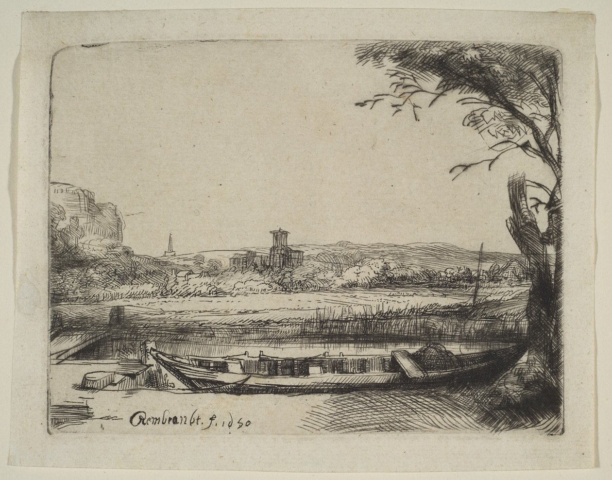 Canal con un gran barco y un puente, 1650 de Rembrandt van Rijn