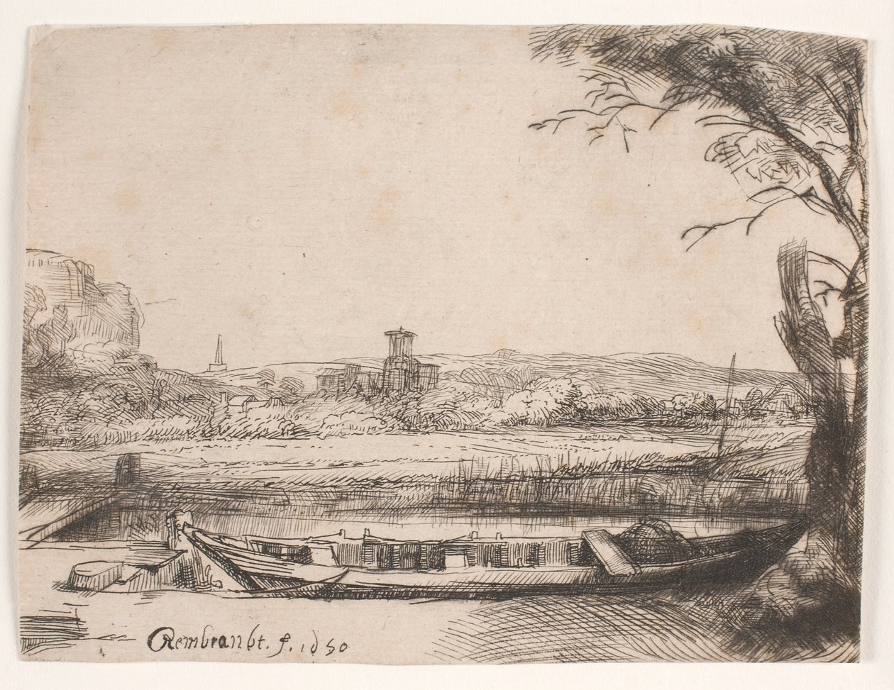 Canal con un barco grande y un puente de Rembrandt van Rijn