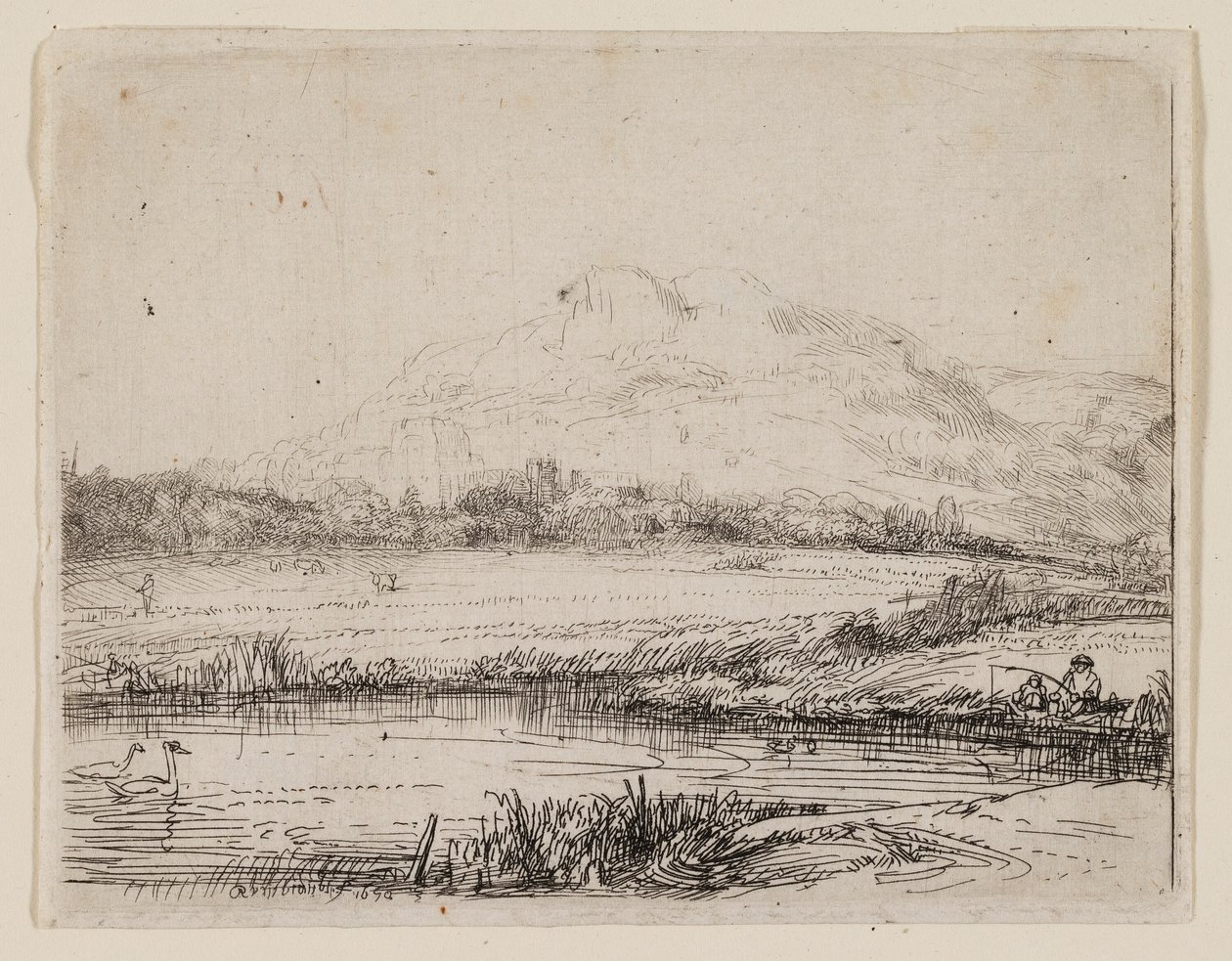 Canal con un pescador y dos cisnes de Rembrandt van Rijn