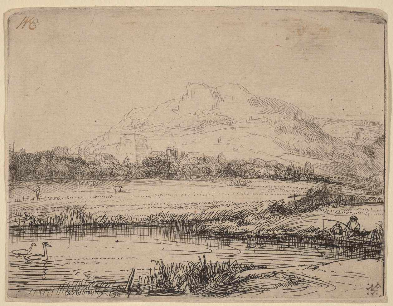 Canal con un pescador y dos cisnes de Rembrandt van Rijn