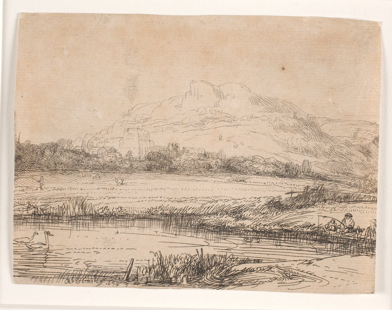 Canal con un pescador y dos cisnes de Rembrandt van Rijn