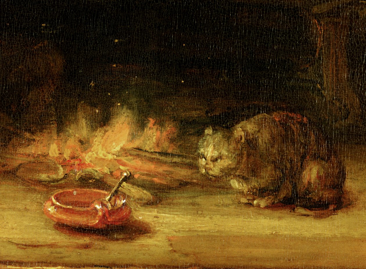 Gato, detalle de La Sagrada Familia con una cortina, 1646 de Rembrandt van Rijn