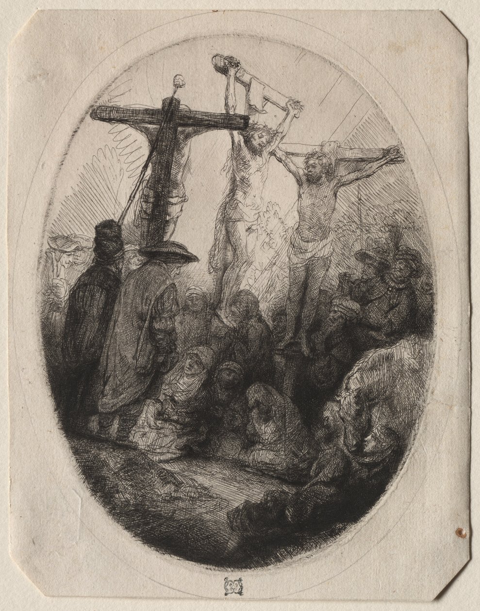 Christ Crucfied Between Two Thieves:  An Oval Plate de Rembrandt van Rijn