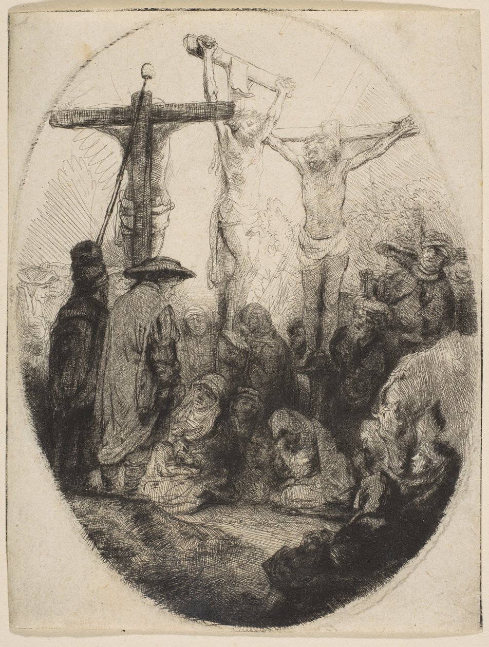 Cristo Crucificado Entre Dos Ladrones, placa ovalada, ca. 1641 de Rembrandt van Rijn