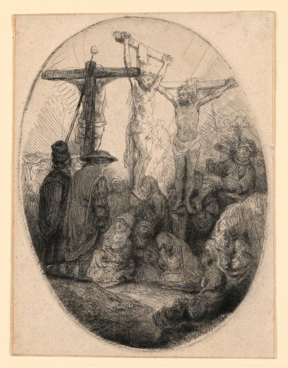 Cristo crucificado entre los dos ladrones: una placa ovalada de Rembrandt van Rijn