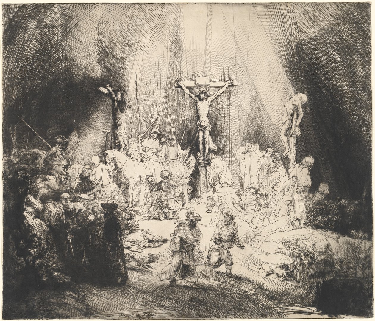 Cristo crucificado entre los dos ladrones (Las tres cruces) de Rembrandt van Rijn
