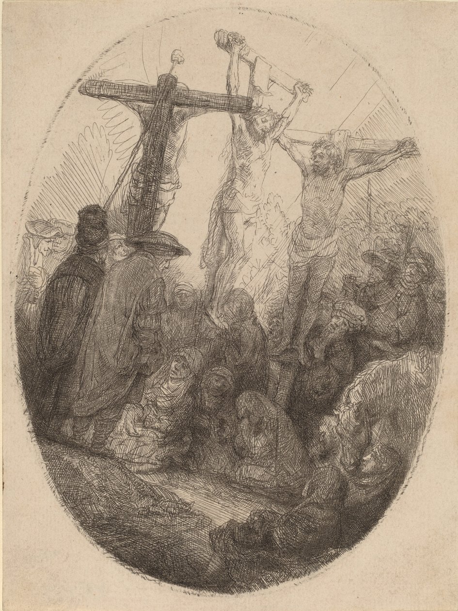 Cristo crucificado entre los dos ladrones: un plato ovalado, c. 1641 de Rembrandt van Rijn
