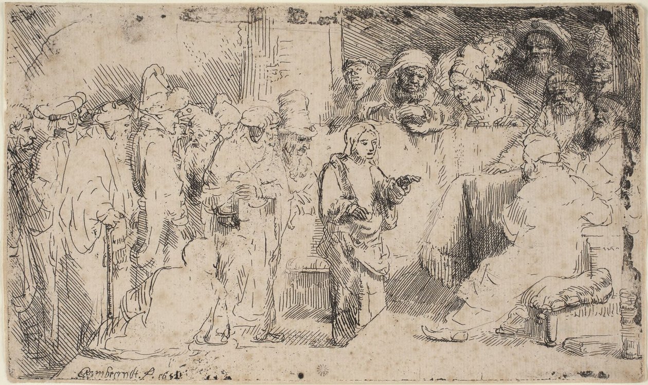 Cristo discutiendo con los doctores: un boceto de Rembrandt van Rijn