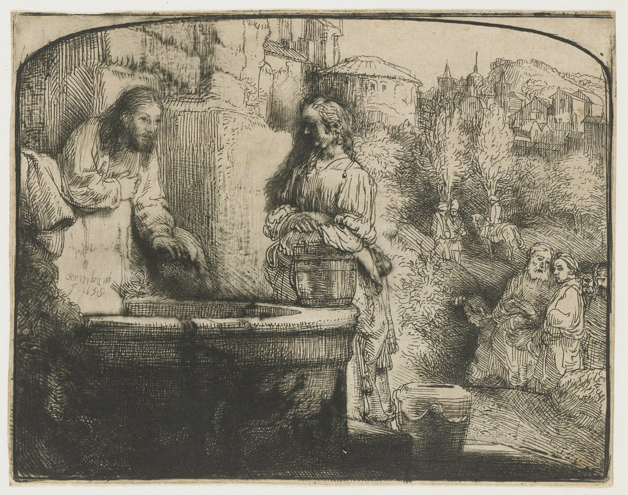 Cristo y la mujer de Samaria
Cristo y la mujer de Samaria: una estampa arqueada de Rembrandt van Rijn