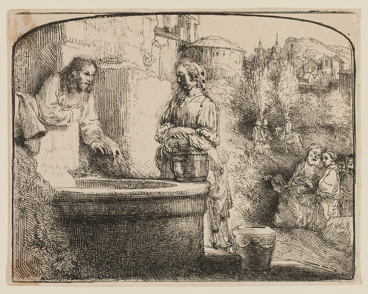 Cristo y la mujer de Samaria: una impresión arqueada de Rembrandt van Rijn