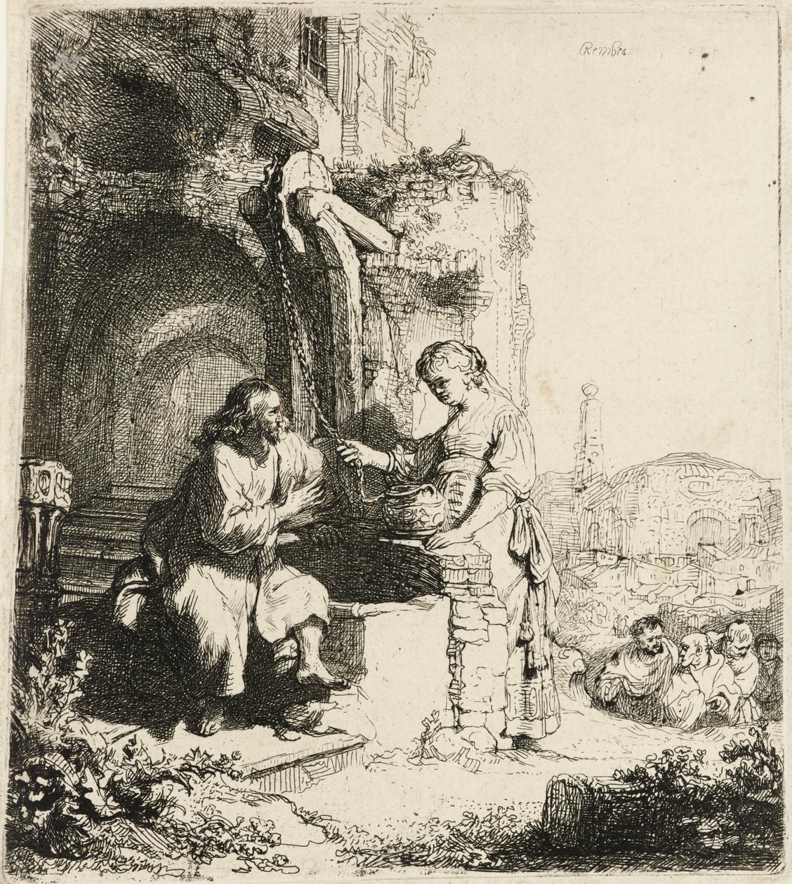 Cristo y la mujer de Samaria entre ruinas [Juan 4:5-20], 1634 de Rembrandt van Rijn