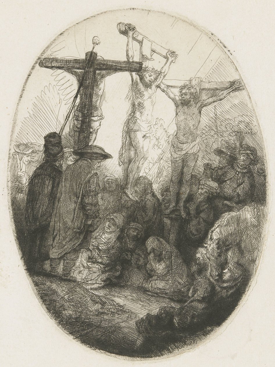 Cristo crucificado entre los dos ladrones: una placa ovalada de Rembrandt van Rijn