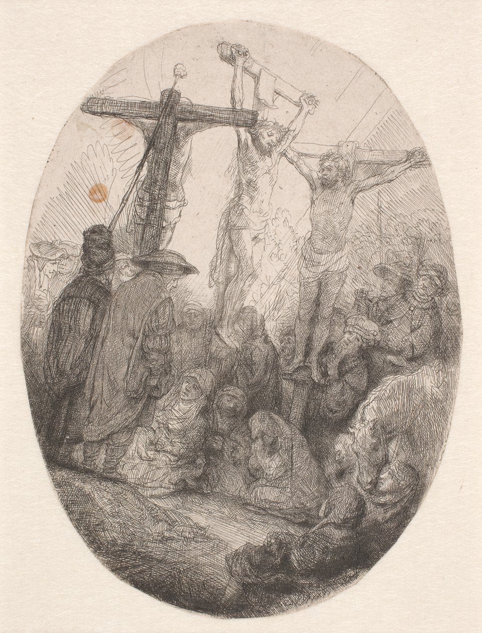 Cristo crucificado entre los dos ladrones: una placa ovalada de Rembrandt van Rijn