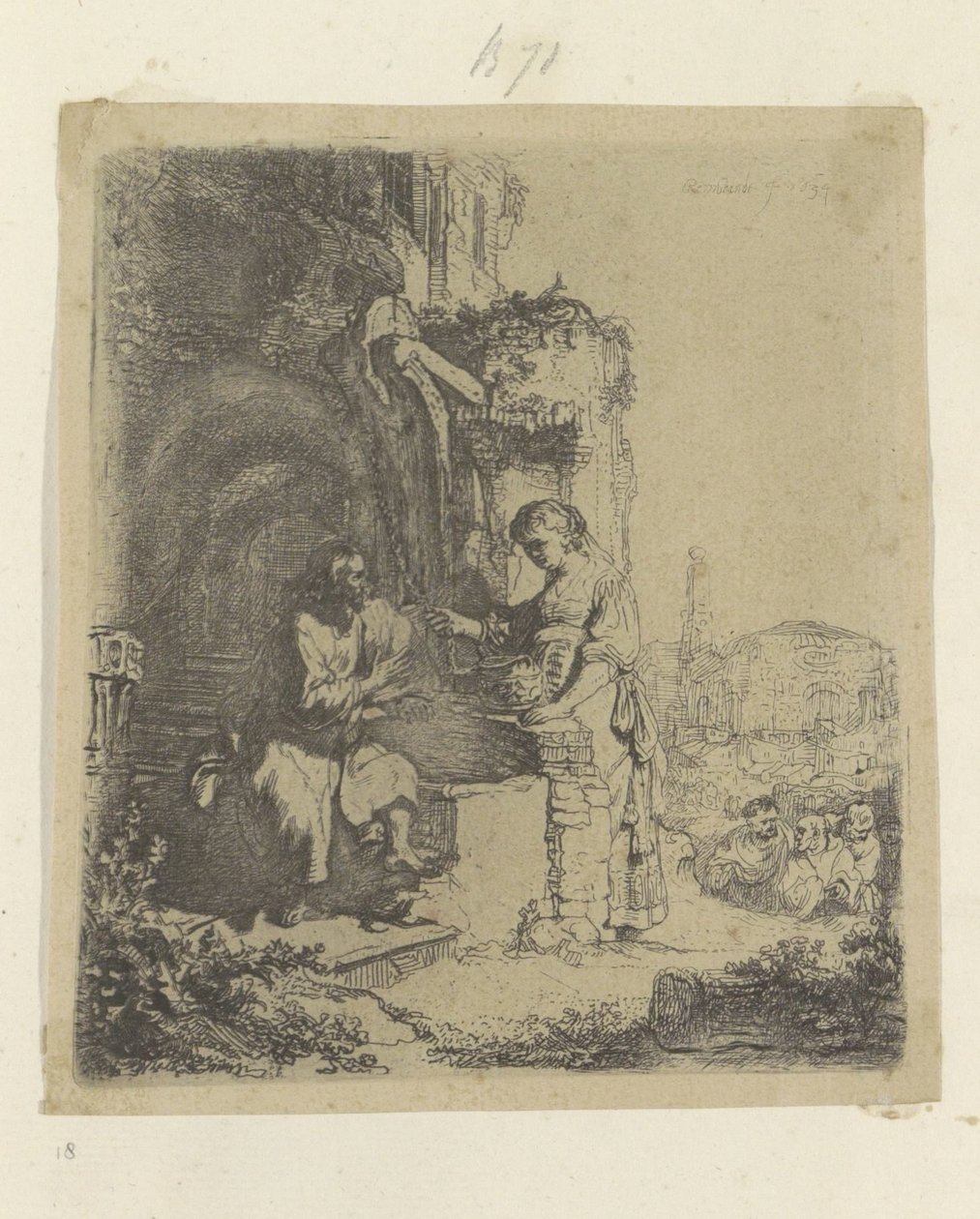 Cristo y la Samaritana: ruinas al fondo Recueil de quatre-vingt-cinq estampes originales (título de la serie) de Rembrandt van Rijn