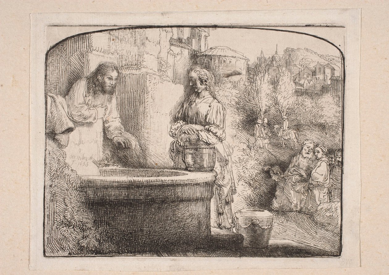 Cristo y la samaritana (Composición cerrada en la parte superior por un arco) de Rembrandt van Rijn