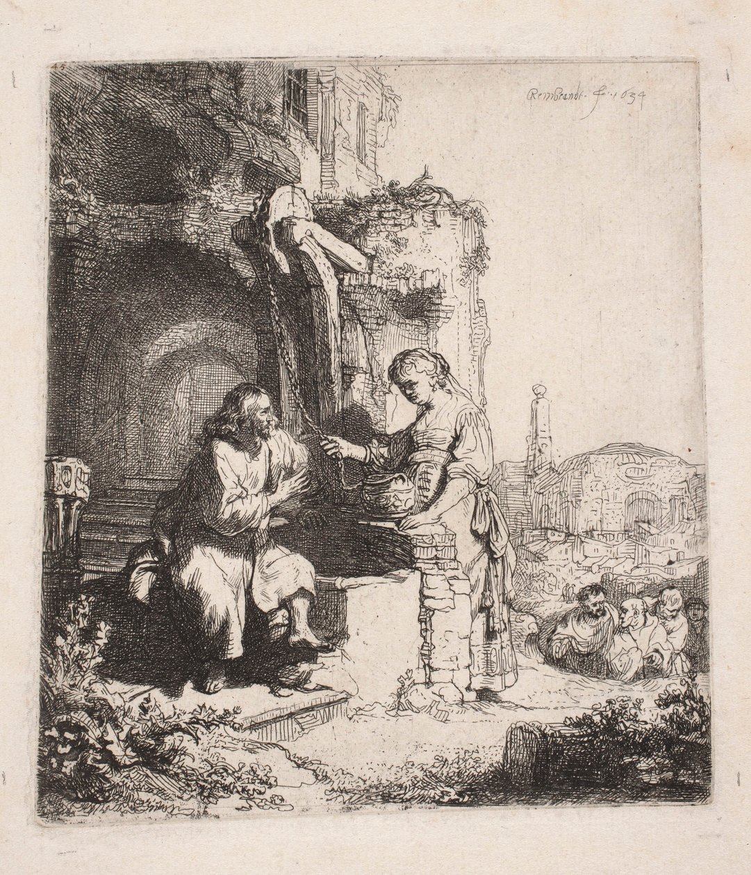 Cristo y la samaritana entre las ruinas (grabado vertical) de Rembrandt van Rijn