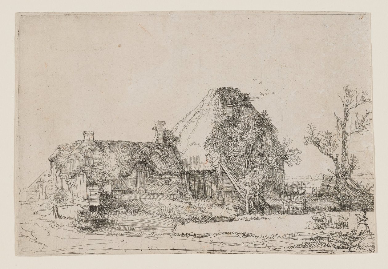 Cabaña y edificios de granja con un hombre dibujando de Rembrandt van Rijn