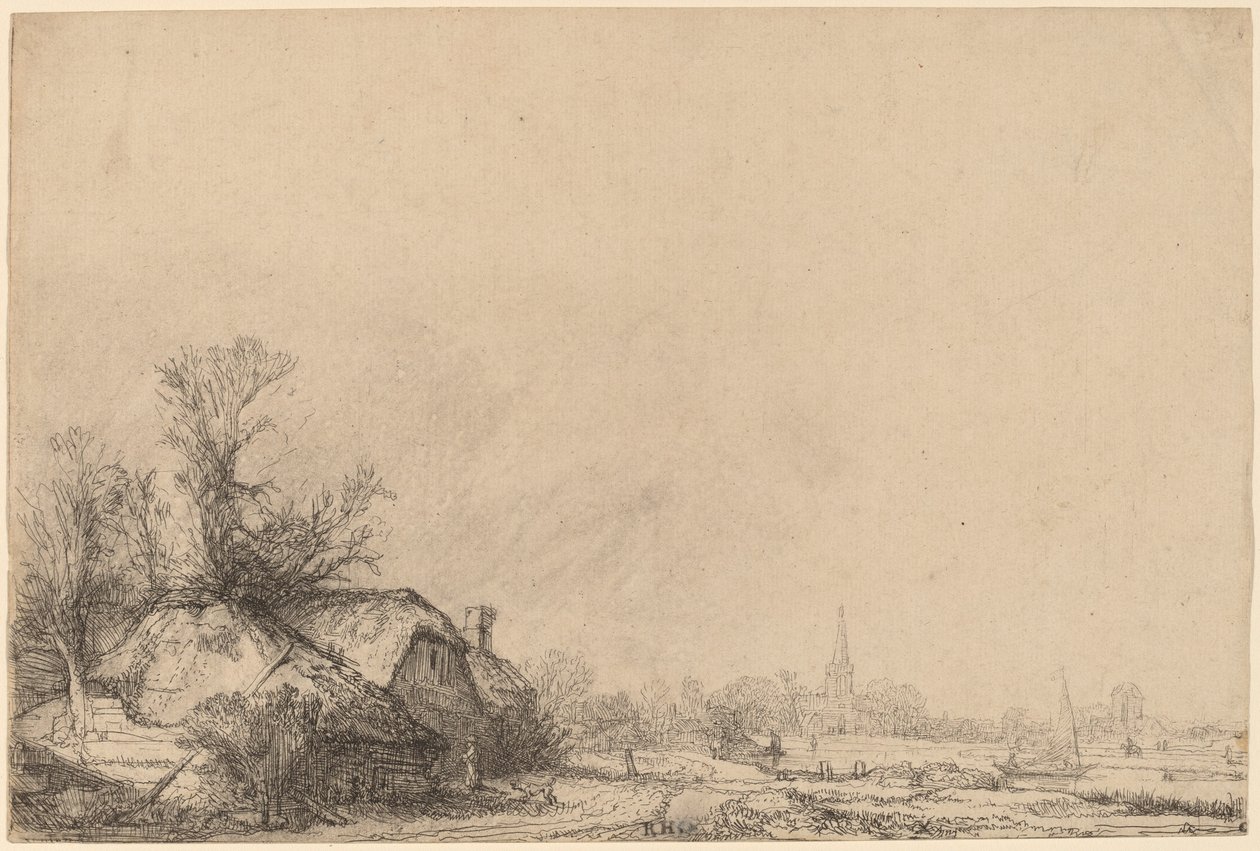 Cabaña junto a un canal de Rembrandt van Rijn