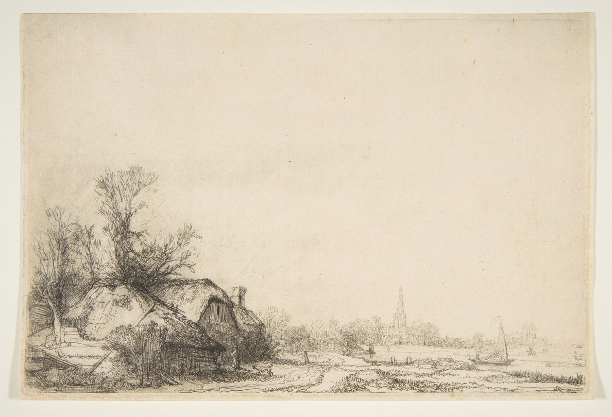 Cabaña junto a un canal con vista de Ouderkerk de Rembrandt van Rijn