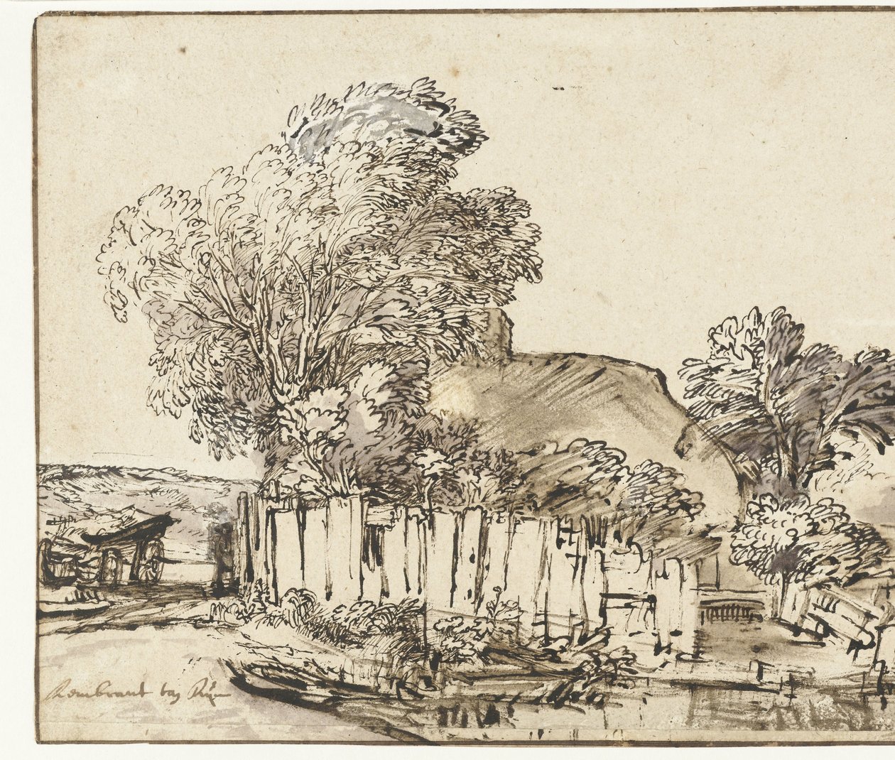 Casa de campo con palos blancos entre los árboles de Rembrandt van Rijn