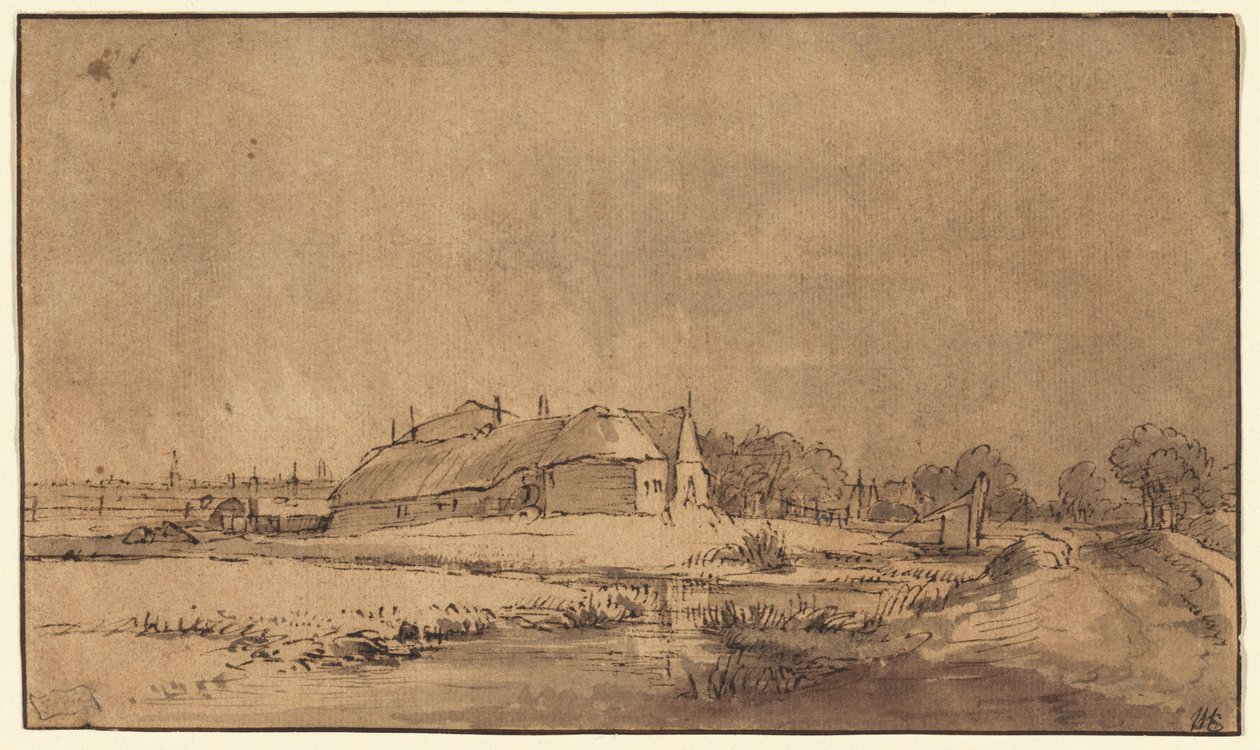 Casas de campo y granero junto a un camino de Rembrandt van Rijn