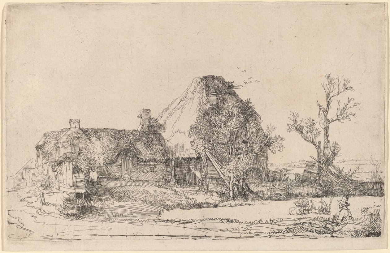 Cabañas y edificios de granja con un hombre dibujando de Rembrandt van Rijn