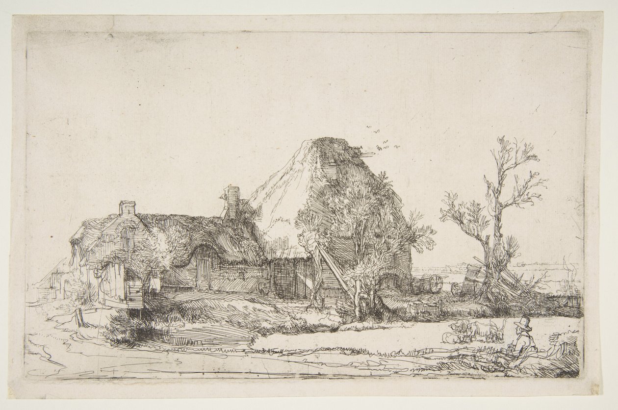 Cabañas y edificios de granja con un hombre dibujando, ca. 1645 de Rembrandt van Rijn