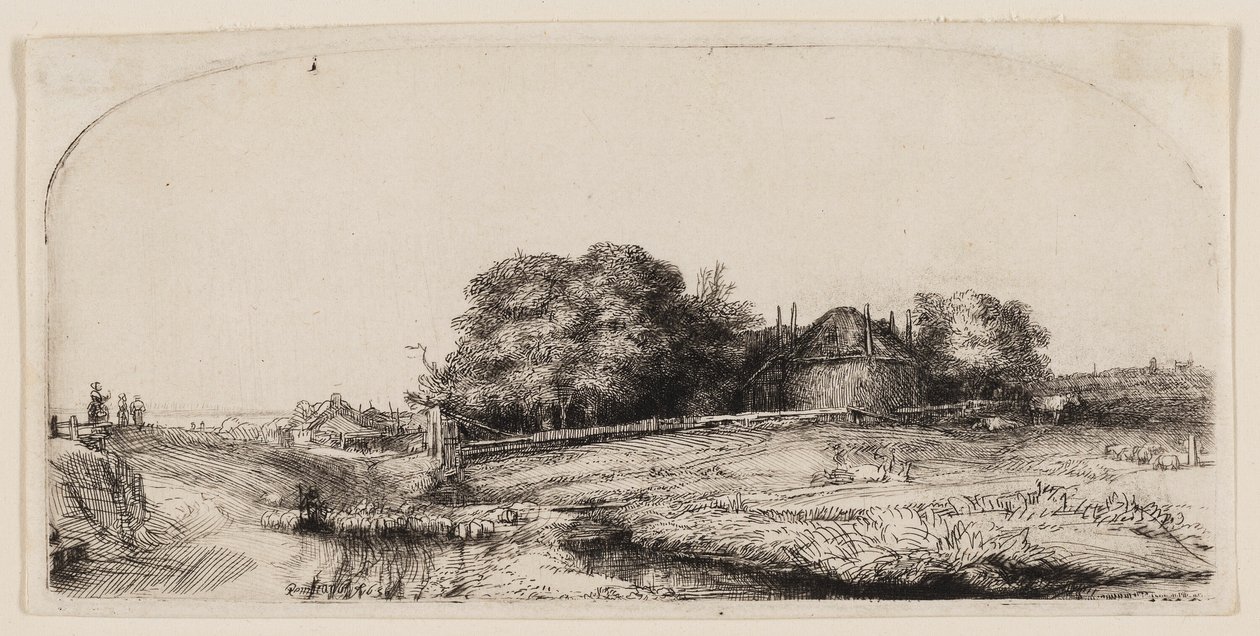 Cabañas y un granero de heno en Diemerdijk con un rebaño de ovejas de Rembrandt van Rijn