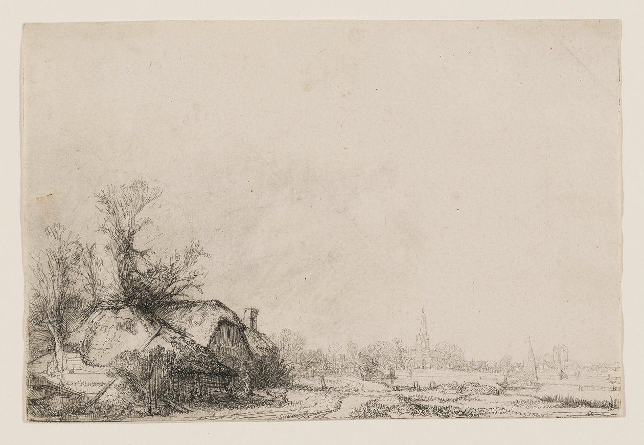 Casitas junto a un canal, con una iglesia y un velero de Rembrandt van Rijn