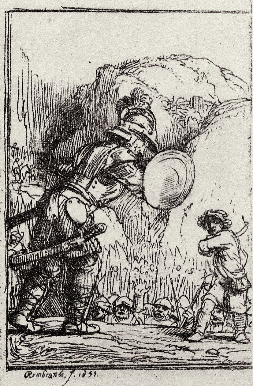 David y Goliat. Ilustración para Piedra gloriosa de Menasseh ben Israel de Rembrandt van Rijn