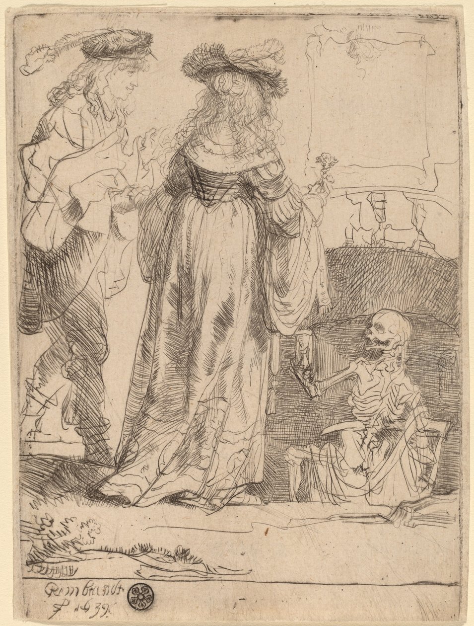 La muerte apareciendo a una pareja casada desde una tumba abierta de Rembrandt van Rijn
