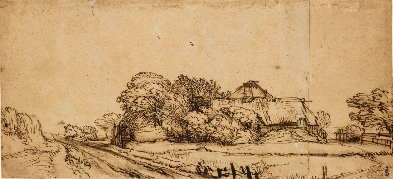Edificios de granja junto a un camino de Rembrandt van Rijn