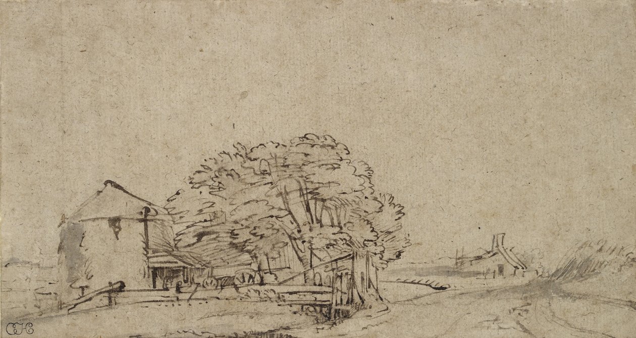 Edificio de granja junto a un camino con granja distante, 1650-69 de Rembrandt van Rijn