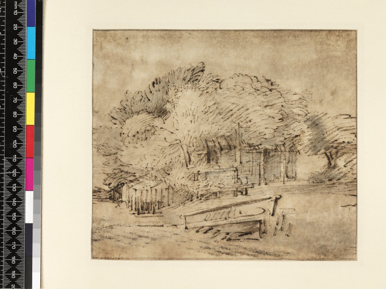 Casa de campo bajo árboles, con un puente peatonal, c.1650 de Rembrandt van Rijn