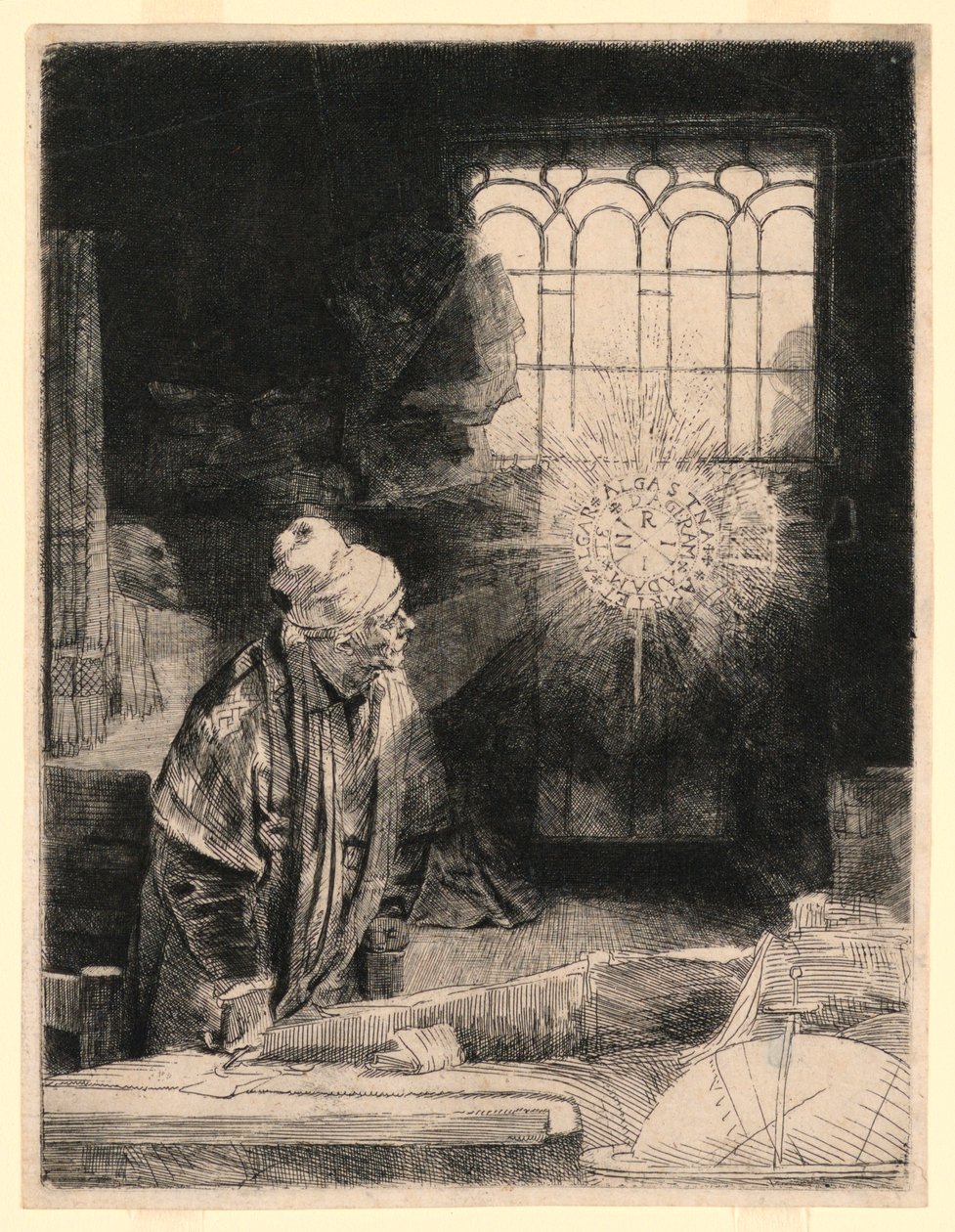 Fausto en su Estudio, Observando un Disco Mágico de Rembrandt van Rijn