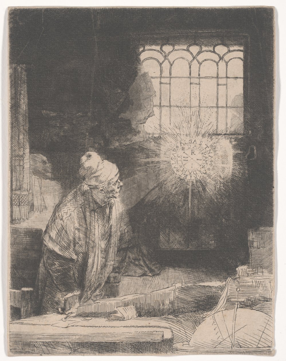 Fausto en su estudio observando un disco mágico, o Un erudito en su estudio, c.1652 de Rembrandt van Rijn