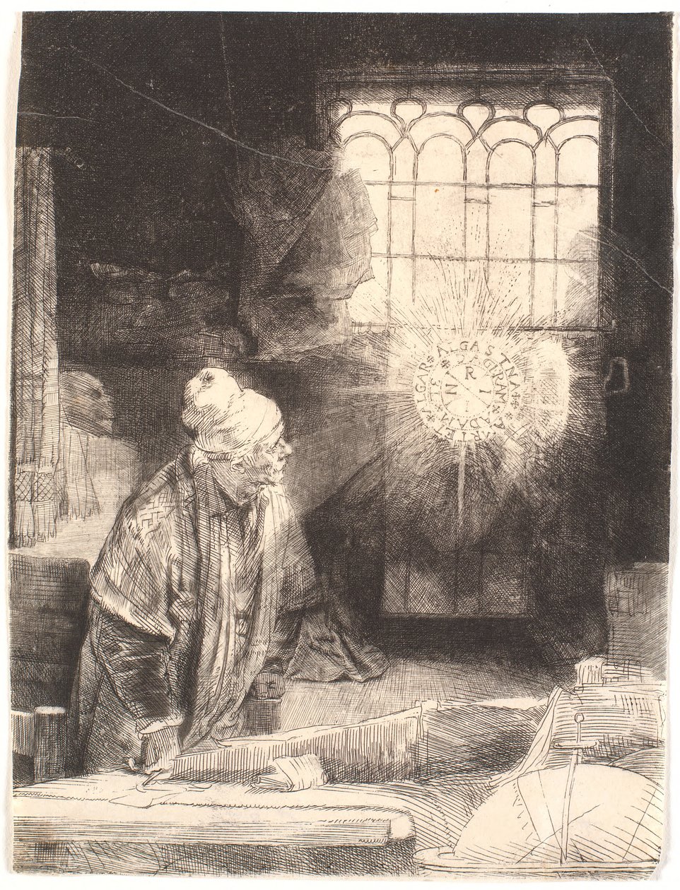 Fausto en su estudio, observando un disco mágico (Dr. Fausto) de Rembrandt van Rijn