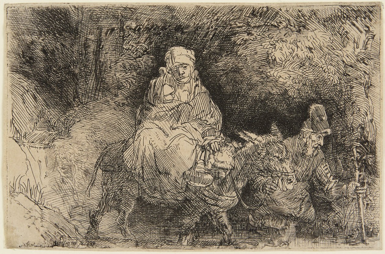 La huida a Egipto: la Sagrada Familia cruzando un arroyo de Rembrandt van Rijn