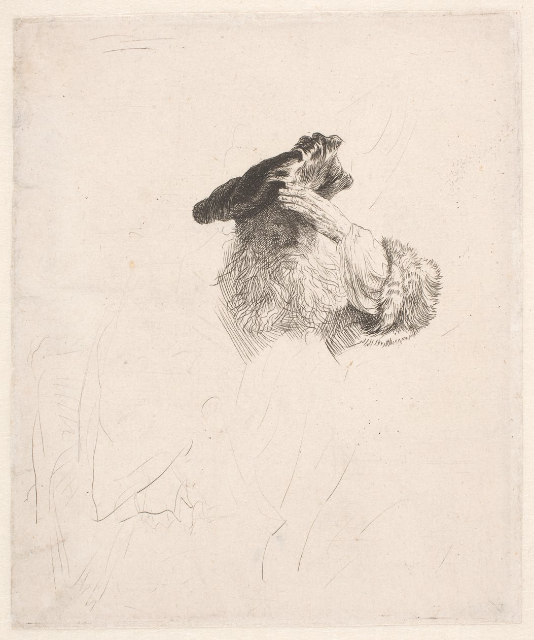 Anciano, sombreando sus ojos con la mano de Rembrandt van Rijn