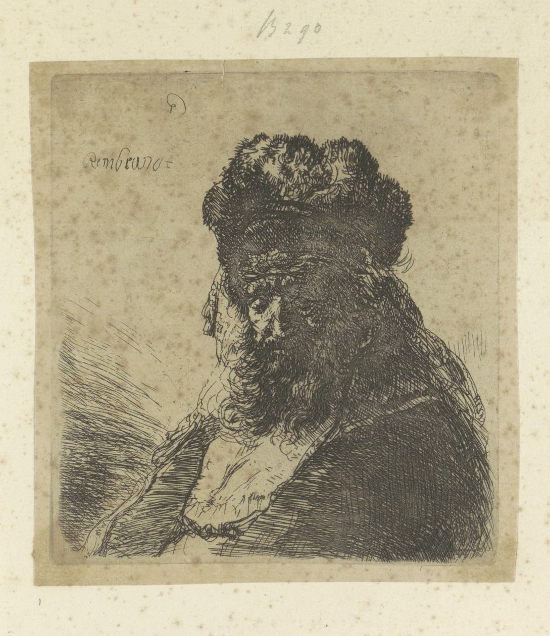 Anciano barbudo con sombrero de piel alto y ojos cerrados Recueil de quatre-vingt-cinq estampes originales (título de la serie) de Rembrandt van Rijn