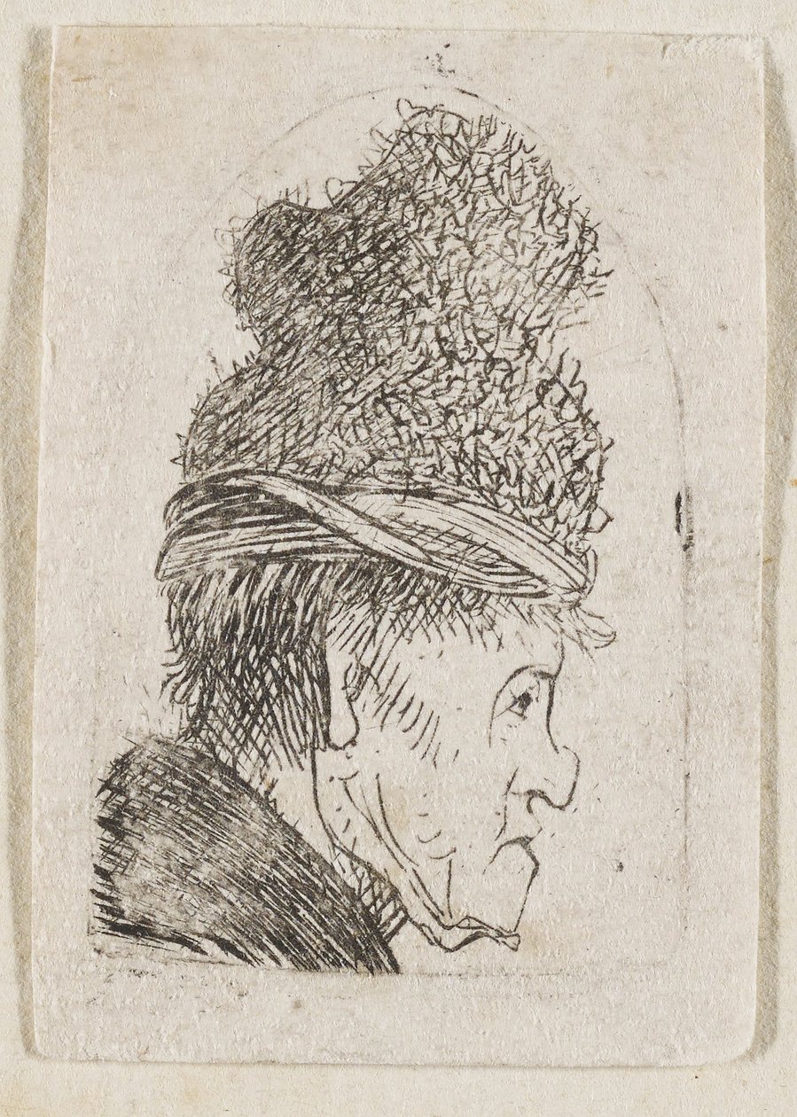 Perfil grotesco: un hombre con una gorra de visera alta de Rembrandt van Rijn