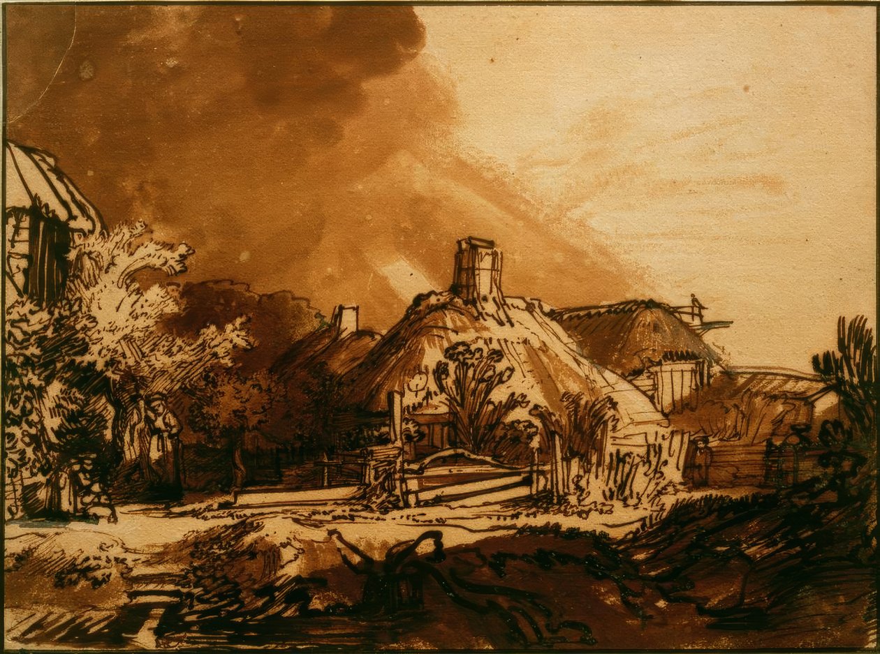Casas bajo cielo tormentoso de Rembrandt van Rijn