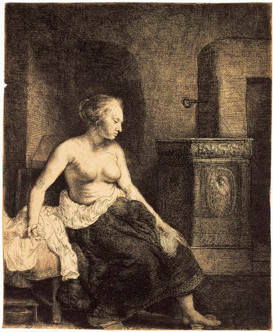 Mujer semidesnuda junto a una estufa de Rembrandt van Rijn