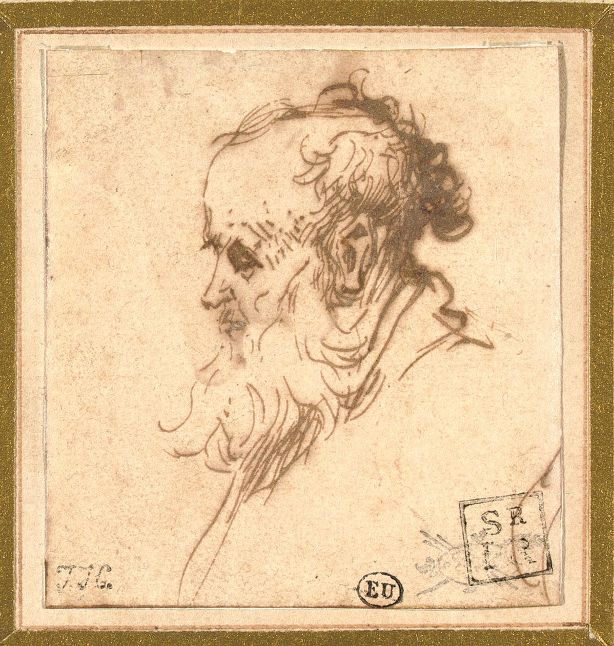 Cabeza de un hombre barbudo de perfil a la izquierda de Rembrandt van Rijn