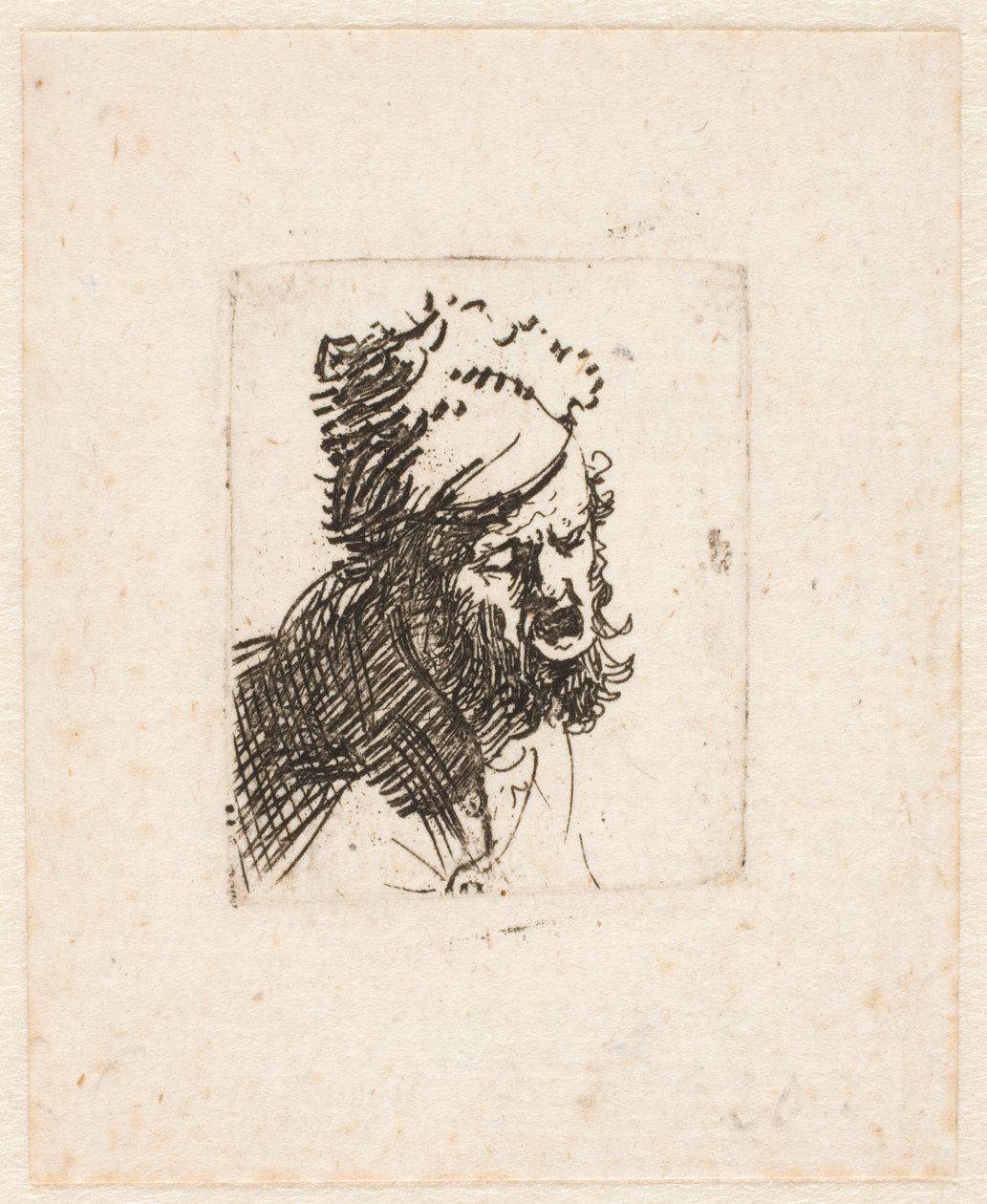 Cabeza de un hombre con un gorro de piel, gritando de Rembrandt van Rijn