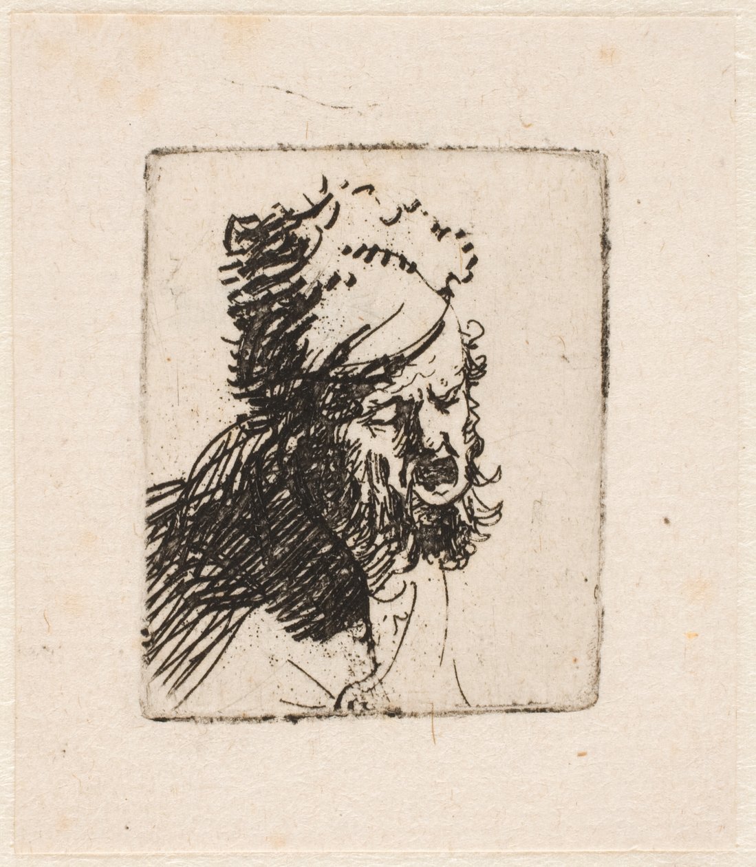 Cabeza de un hombre con un gorro de piel, gritando de Rembrandt van Rijn